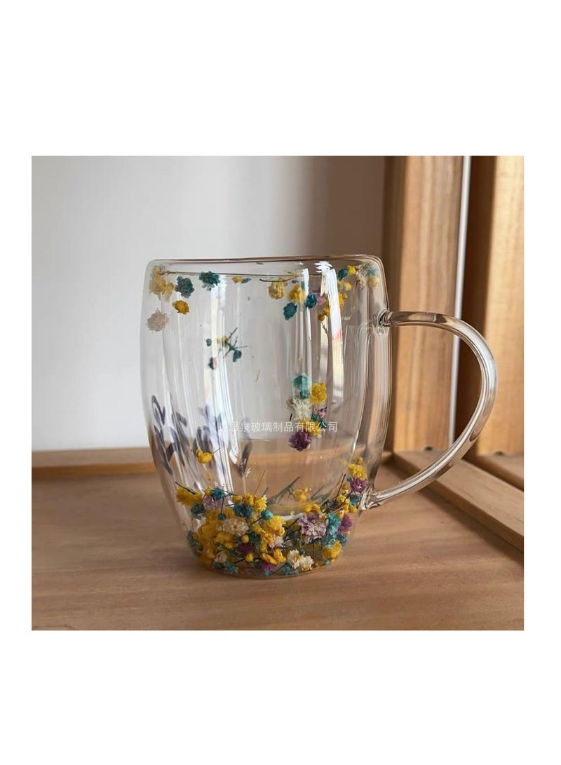 Double Wall Clear Glass Coffee Mugs with Moving Dried Flowers, Double Wall Insulated Glass Cup for Cold and Hot Drinks Cappuccino Latte Espresso Cup - 400ml  - Image 1