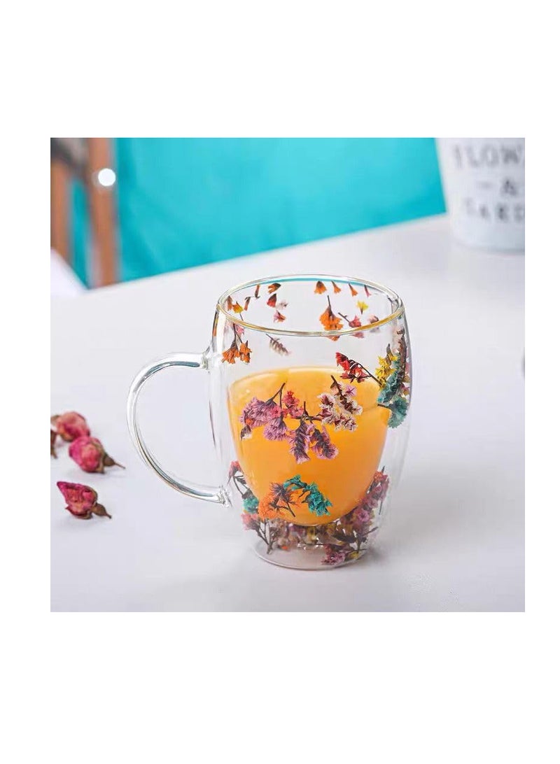Double Wall Clear Glass Coffee Mugs with Moving Dried Flowers, Double Wall Insulated Glass Cup for Cold and Hot Drinks Cappuccino Latte Espresso Cup - 400ml  - Image 2