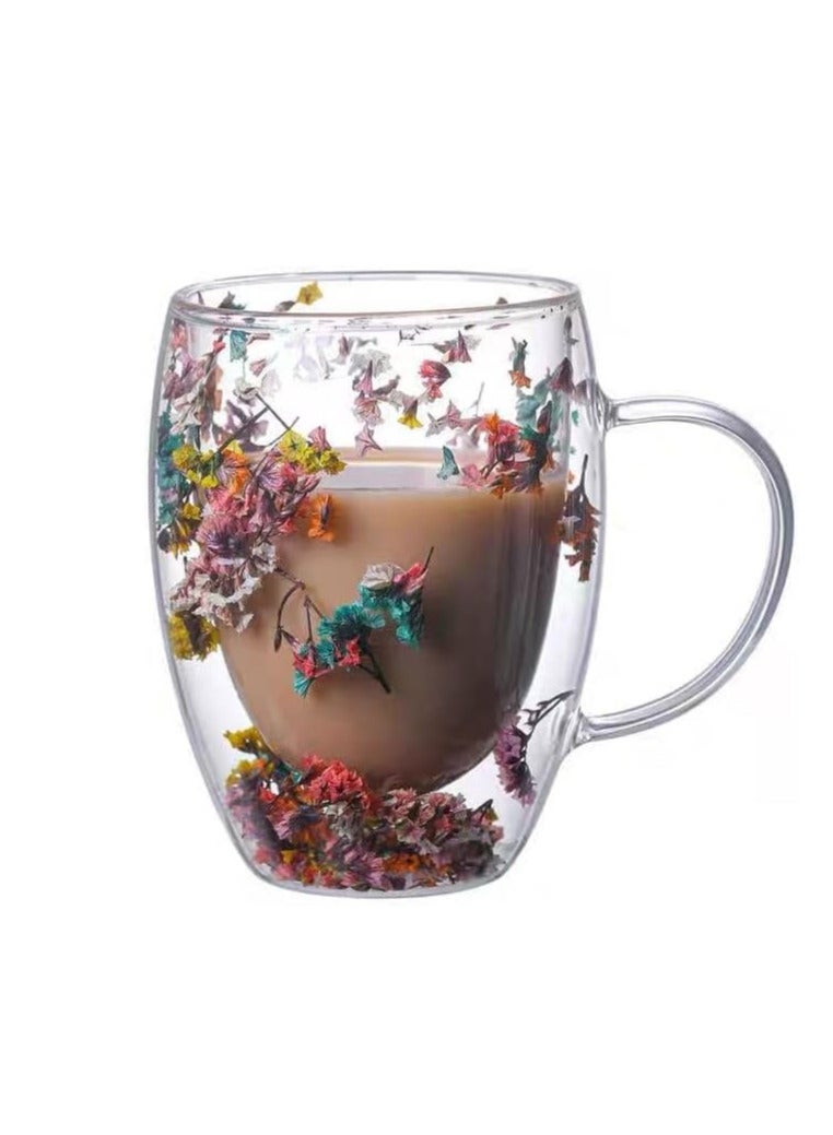 Double Wall Clear Glass Coffee Mugs with Moving Dried Flowers, Double Wall Insulated Glass Cup for Cold and Hot Drinks Cappuccino Latte Espresso Cup - 400ml  - Image 3