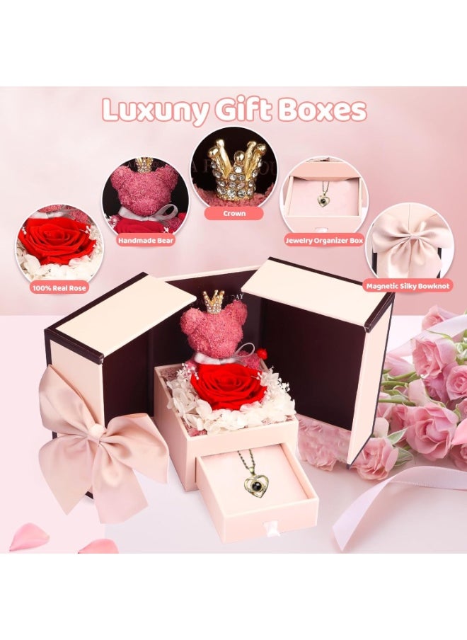 Mijioceon Preserved Rose Moss Bear with Necklace Rose Gifts with Light for Women Girlfriend Wife Mom Grandma Birthday Christmas Valentines Mothers Day Anniversary Wedding Thanksgiving  - Image 2