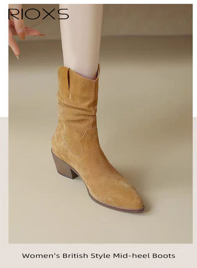 RIOXS Women's Boots, Modern Western Cowboy Boots, Mid Calf Pointed Toed Chunky Heel Booties, Ladies Casual Boots, Fashion Pull On Boots for Women, Lady's Platform Boot Calf Boot, Brown Tosh Boots - Image 4