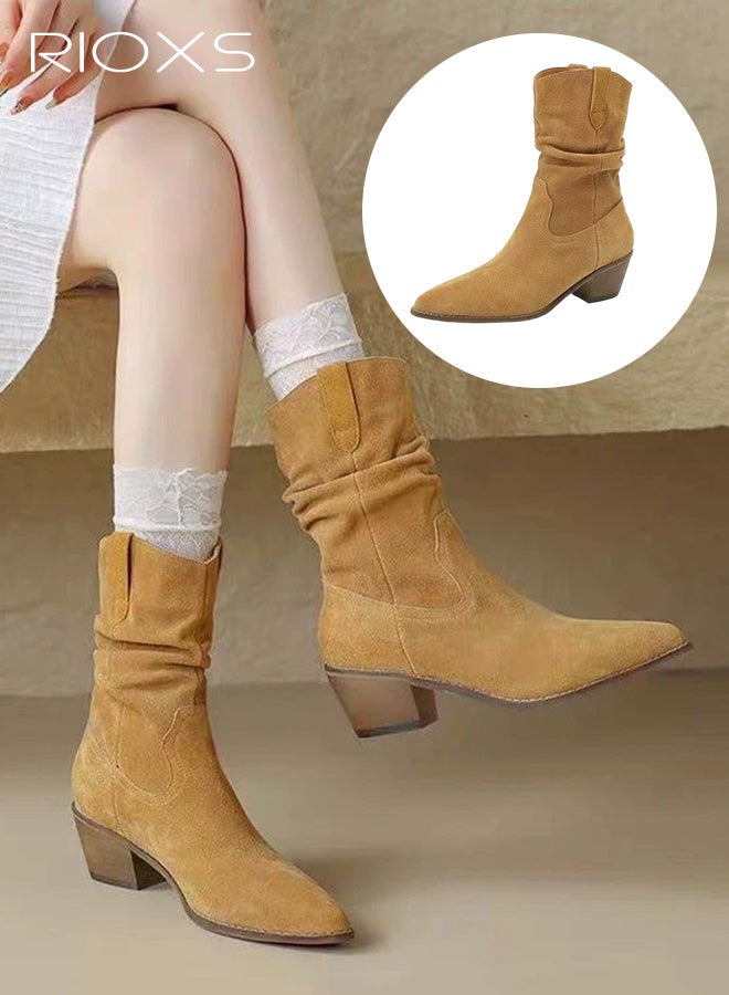 RIOXS Women's Boots, Modern Western Cowboy Boots, Mid Calf Pointed Toed Chunky Heel Booties, Ladies Casual Boots, Fashion Pull On Boots for Women, Lady's Platform Boot Calf Boot, Brown Tosh Boots - Image 1