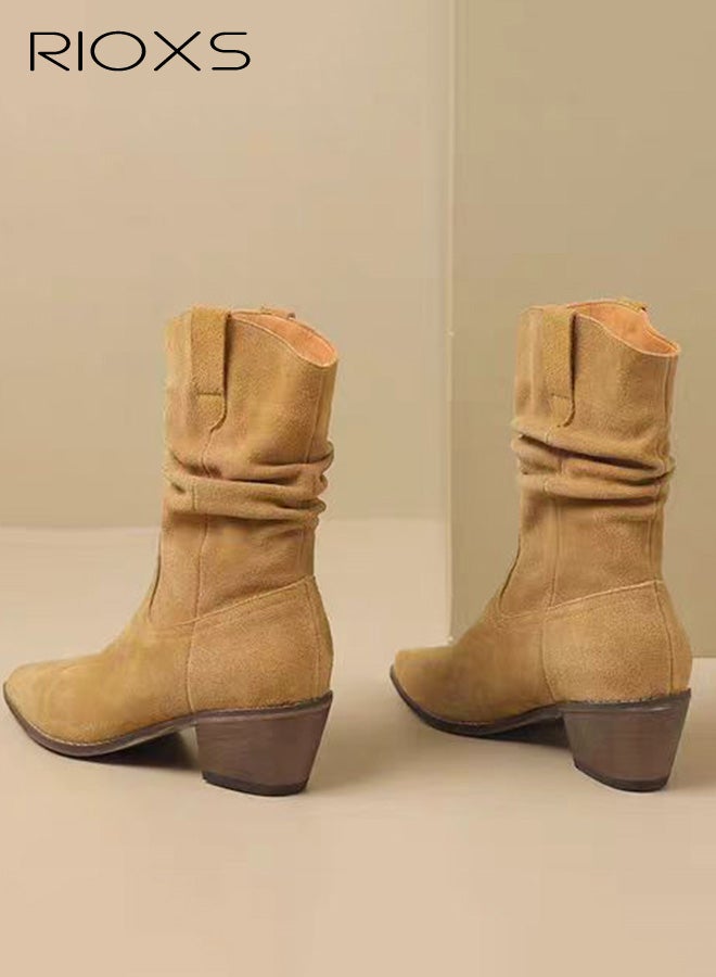 RIOXS Women's Boots, Modern Western Cowboy Boots, Mid Calf Pointed Toed Chunky Heel Booties, Ladies Casual Boots, Fashion Pull On Boots for Women, Lady's Platform Boot Calf Boot, Brown Tosh Boots - Image 5