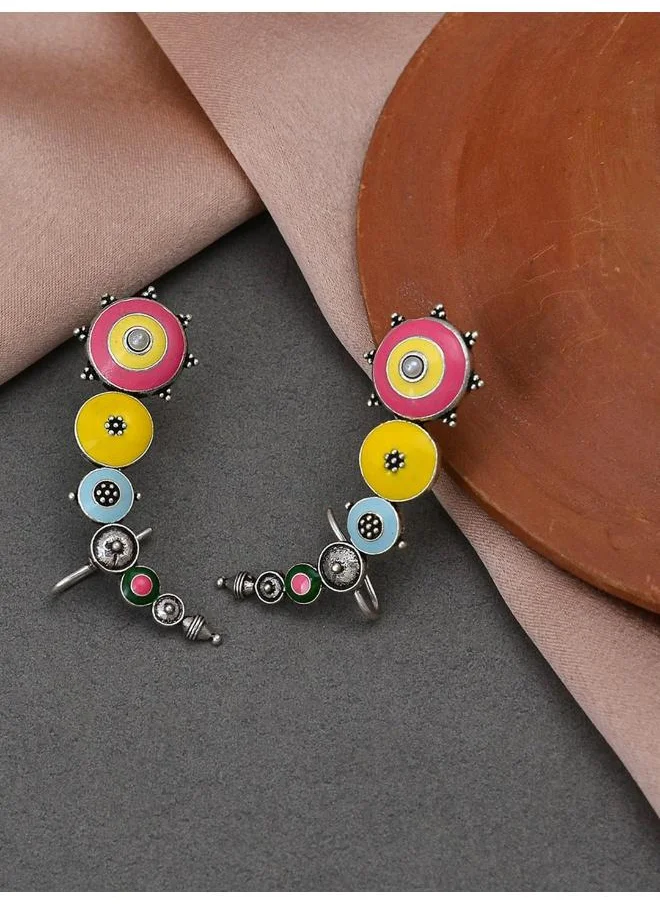 VOYLLA Folklore Enamelled Silver Toned Cuff Earrings