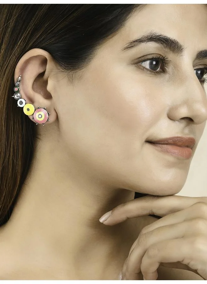 VOYLLA Folklore Enamelled Silver Toned Cuff Earrings