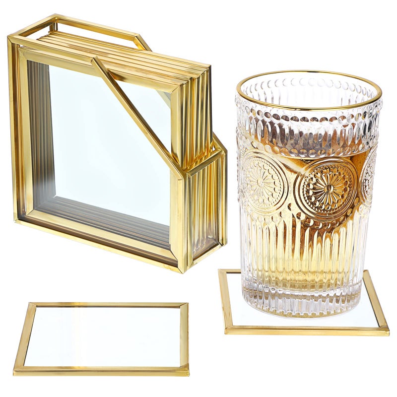 JuxYes Set of 7 Glass Coasters with Holder Gold Elegant Cup Coasters for Coffee Tea Wine  Square Brass Edge Glass Mats for Coffee Table