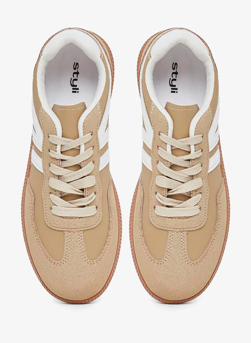 Styli Active Beige Striped Laced Up Sneakers for Women | Best Price UAE