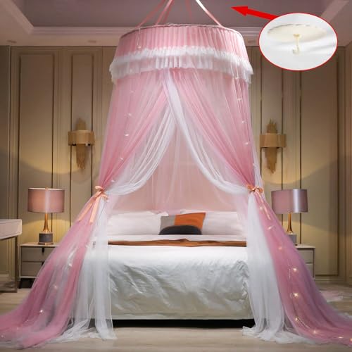 AIKASY Girls and Adults Canopy Bed, Elegant Double-Layer Bed Curtain, Children's Dream Round Lace Mosquito Net, Princess Canopy Net - Fits Twin, Full, Queen, and King Beds (White/Pink) - Image 4