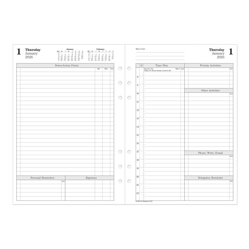 Filofax Calendar Diary Refill A5 Size One Day on Two Pages with Appointments Time Management White Paper English 2026 CTM703126 - Image 2
