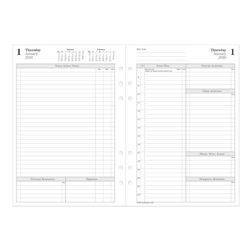 Filofax Calendar Diary Refill A5 Size One Day on Two Pages with Appointments Time Management White Paper English 2026 CTM703126 - Image 1