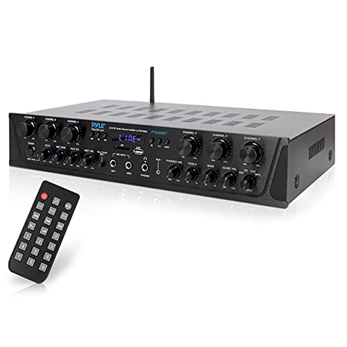 Pyle Wireless Home Audio Amplifier System - Bluetooth Compatible 6 Channel Stereo Receiver, 600W Max Power, Simple Karaoke with Dual Mic Inputs with Tone Control, PA with Talk Over - PTA66BT.6 - Image 1
