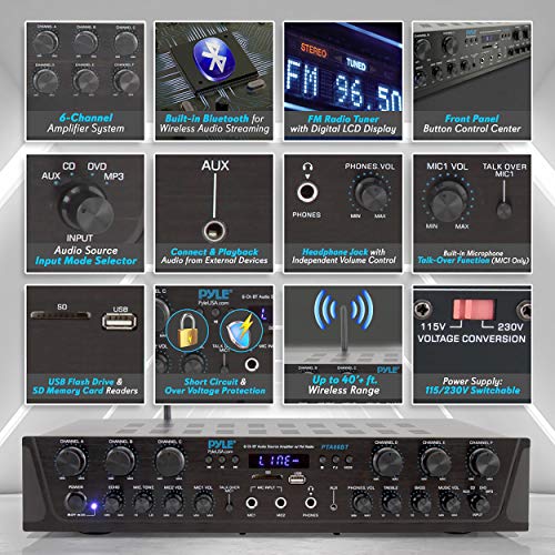 Pyle Wireless Home Audio Amplifier System - Bluetooth Compatible 6 Channel Stereo Receiver, 600W Max Power, Simple Karaoke with Dual Mic Inputs with Tone Control, PA with Talk Over - PTA66BT.6 - Image 3