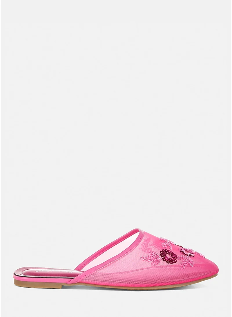 London Rag Mesh Sequin Beaded Mules in Fuchsia