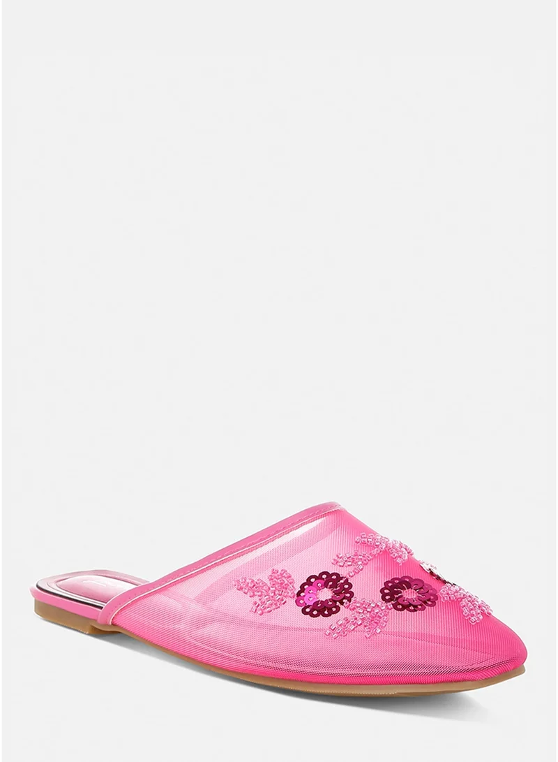 London Rag Mesh Sequin Beaded Mules in Fuchsia