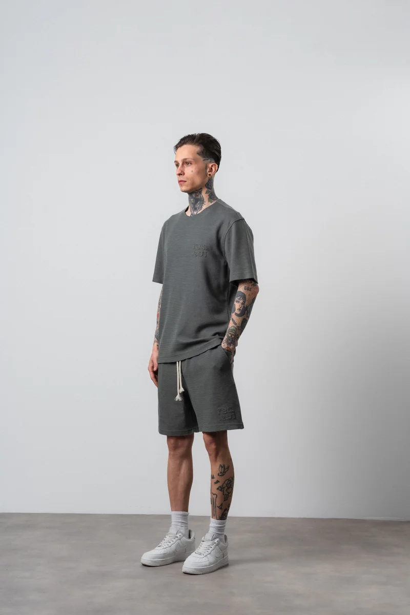 RESPIRE Men's Dirty Stitch Regular Fit T-Shirt and Shorts Set, Khaki