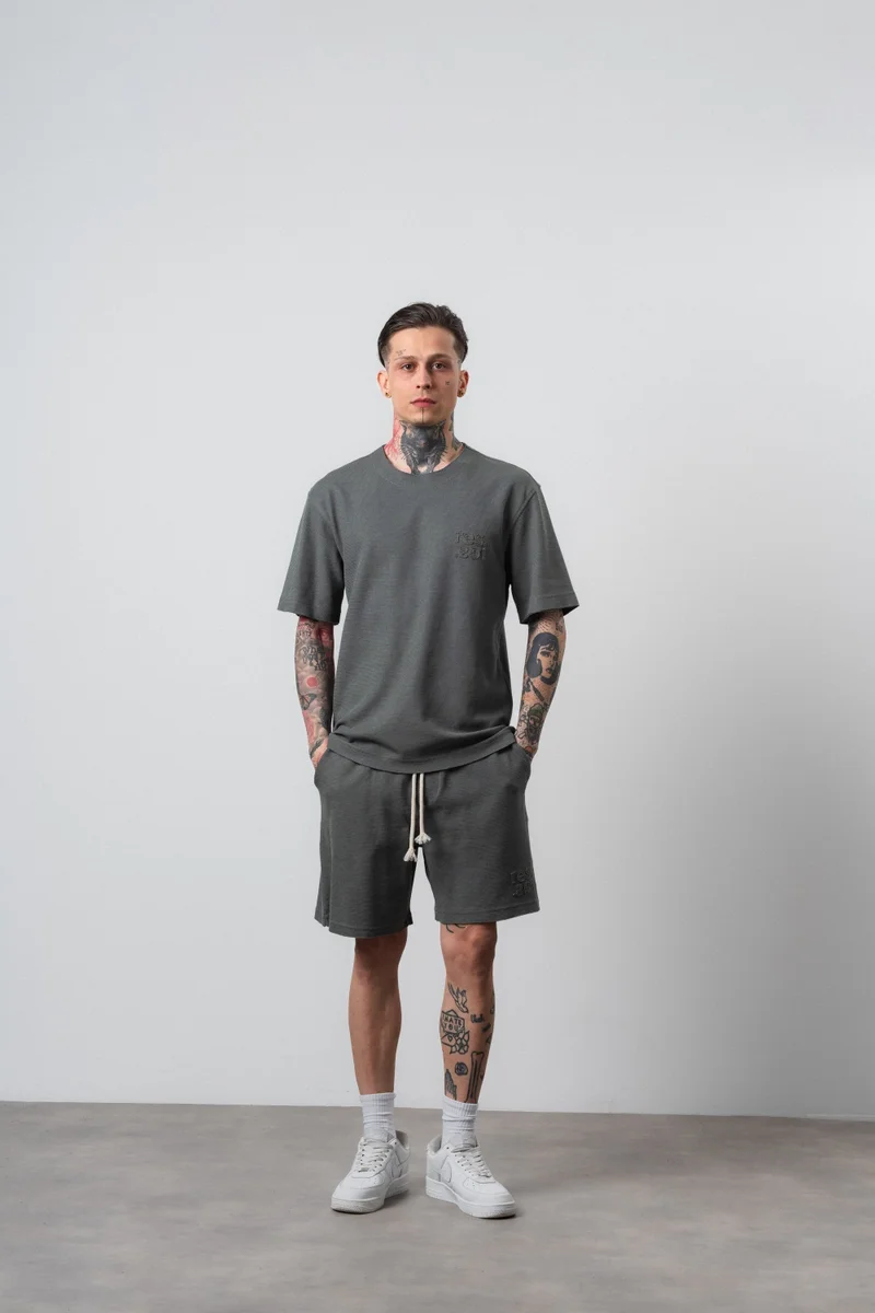 RESPIRE Men's Dirty Stitch Regular Fit T-Shirt and Shorts Set, Khaki