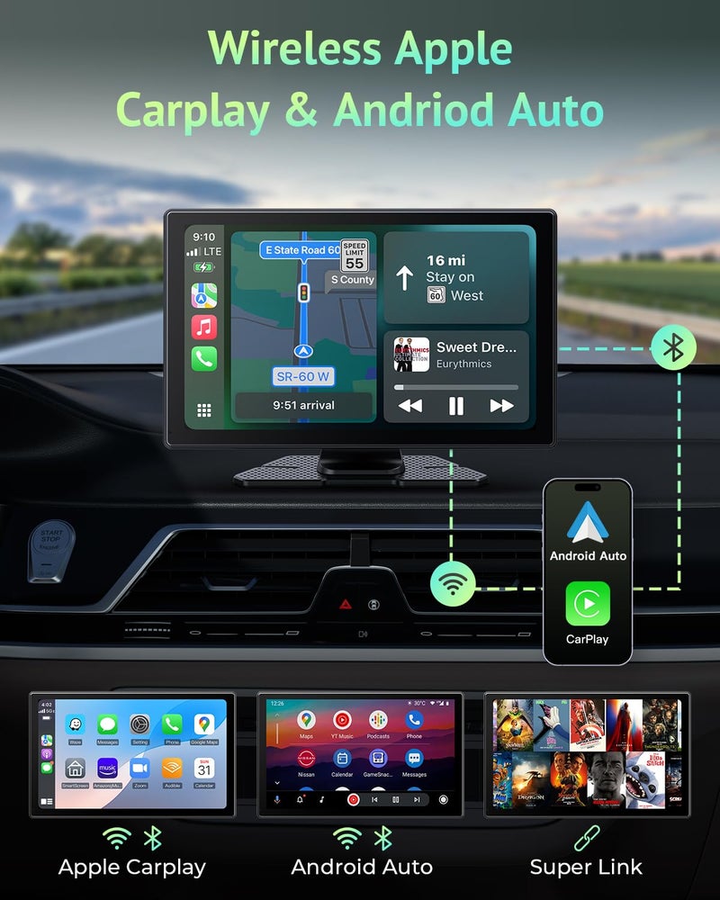 aphqua [2025 Upgrade] Apple Carplay Screen for Car&Android Auto Screen with 4K Dash Cam,Backup Camera,Portable 9" HD IPS Screen for Car,GPS Navigation,Bluetooth,AirPlay,AUX/FM for All Vehicles - Image 2