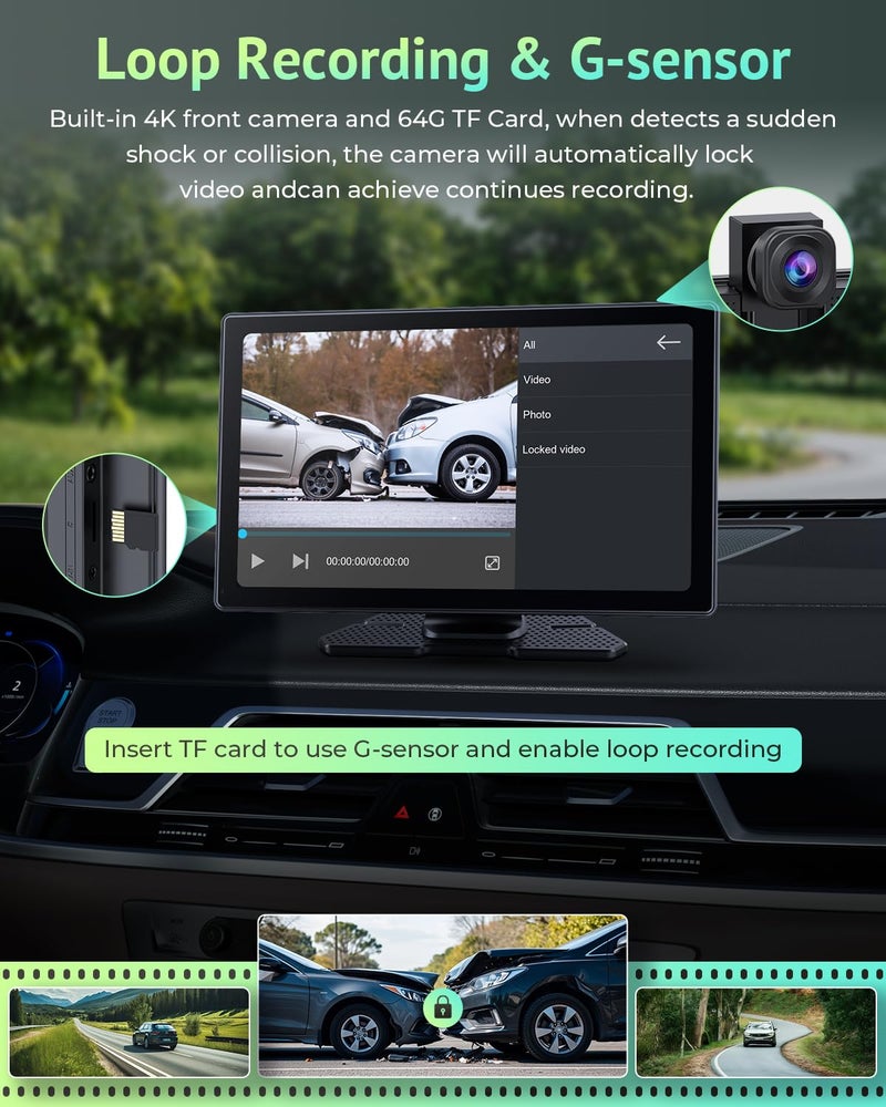 aphqua [2025 Upgrade] Apple Carplay Screen for Car&Android Auto Screen with 4K Dash Cam,Backup Camera,Portable 9" HD IPS Screen for Car,GPS Navigation,Bluetooth,AirPlay,AUX/FM for All Vehicles - Image 4