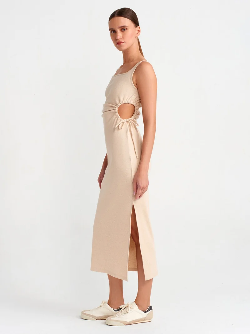 Dilvin 91106 Window Detailed Long Dress-Beige Melange