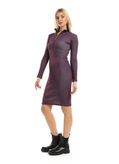 Andora Heather Patterned Midi Dress With Long Sleeves - Purple & Black  - Image 2
