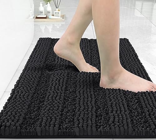 Yimobra Bathroom Rug Mat 32 x 20 Non Slip and Super Absorbent Bath MatMachine Washable Quick DryUltra Plush Chenille Shower Rugs for Bathroom Floor Sink Tub and Shower OutsideBlack