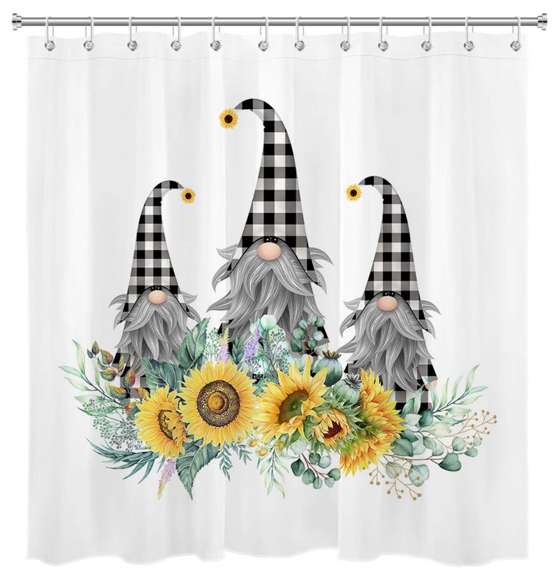 LB Sunflower Gnomes Shower Curtain Checkered Plaid Shower CurtainsSpring Floral Plant Botanical Watercolor Green Leaves Bathroom Decoration Hooks 72x72 inch Extra Long Waterproof Polyester Fabric