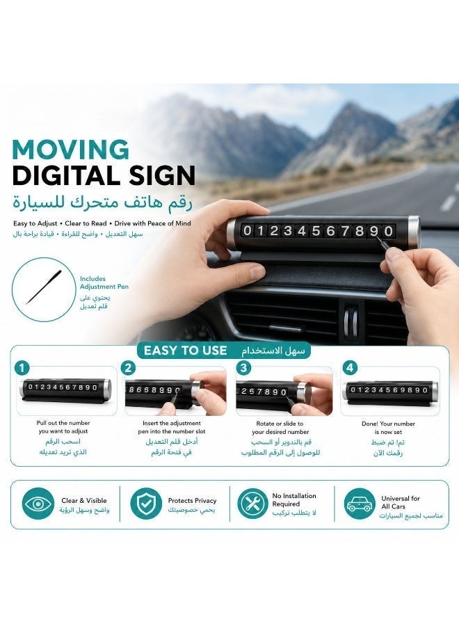 Car Temporary Parking Phone Number Plate - 2 Pack | Rolling Number Design with Privacy Switch | Includes Adhesive Tape & Adjustment Tool | Heat-Resistant Dashboard Sign (Black) - Image 4