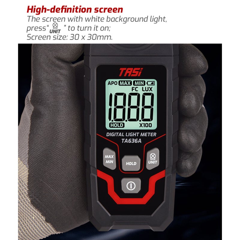 TASI TA636A Digital Light Meter Lux Meter Handheld Illuminometer Photometer with Integral Type Sensor 4 Digit LCD Display 0~200,000 Measurement Range Lux/FC Unit Selection Luxmeter Tester for Grow - Image 2