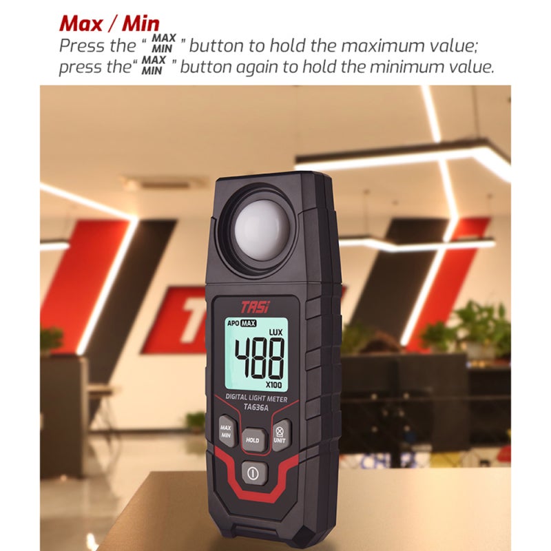 TASI TA636A Digital Light Meter Lux Meter Handheld Illuminometer Photometer with Integral Type Sensor 4 Digit LCD Display 0~200,000 Measurement Range Lux/FC Unit Selection Luxmeter Tester for Grow - Image 3