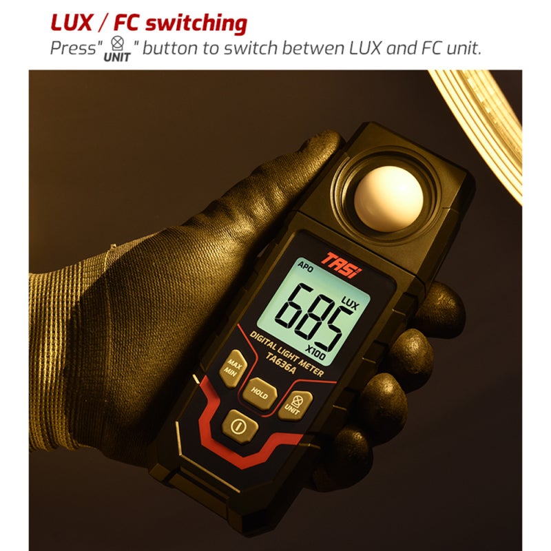 TASI TA636A Digital Light Meter Lux Meter Handheld Illuminometer Photometer with Integral Type Sensor 4 Digit LCD Display 0~200,000 Measurement Range Lux/FC Unit Selection Luxmeter Tester for Grow - Image 4