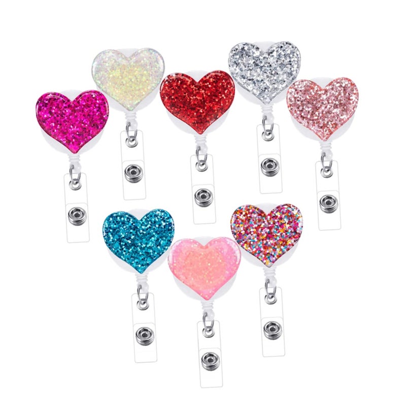 7pcs Crystal Heart Shape Retractable Id Badge Holder for Nurses Pu Material Clip Badge Reels Cartoon Design Mixed Colors
