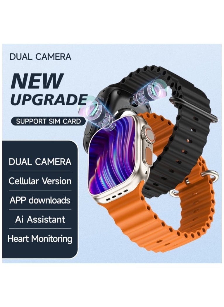 Ultra S9 Series 9 Smart Watch with HD Screen, Bluetooth Calling, Video Calling, Multiple Sports Modes, 4G SIM Card Support, Camera, Multiple Apps with Extra Strap - Gold color with orange/black bracelets