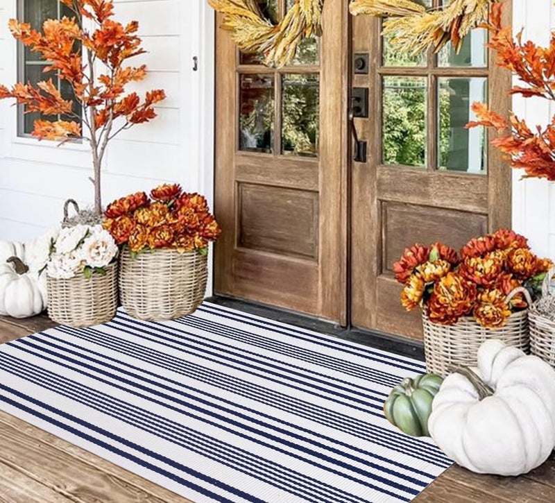 BUAGETUP Blue and White Outdoor Rug 3'x 5' Hand-Woven Cotton Washable Rug Striped Front Porch Rug Indoor/Outdoor Area Rug Floor Mat for Farmhouse/Layered Door Mats/Living Room - Image 4