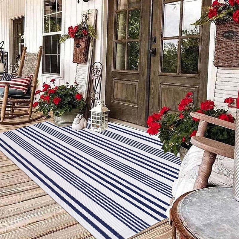 BUAGETUP Blue and White Outdoor Rug 3'x 5' Hand-Woven Cotton Washable Rug Striped Front Porch Rug Indoor/Outdoor Area Rug Floor Mat for Farmhouse/Layered Door Mats/Living Room - Image 2