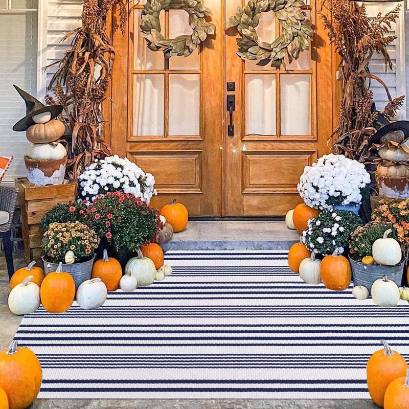BUAGETUP Blue and White Outdoor Rug 3'x 5' Hand-Woven Cotton Washable Rug Striped Front Porch Rug Indoor/Outdoor Area Rug Floor Mat for Farmhouse/Layered Door Mats/Living Room - Image 5