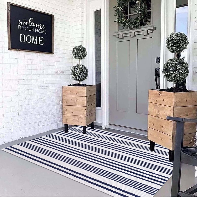 BUAGETUP Blue and White Outdoor Rug 3'x 5' Hand-Woven Cotton Washable Rug Striped Front Porch Rug Indoor/Outdoor Area Rug Floor Mat for Farmhouse/Layered Door Mats/Living Room - Image 3