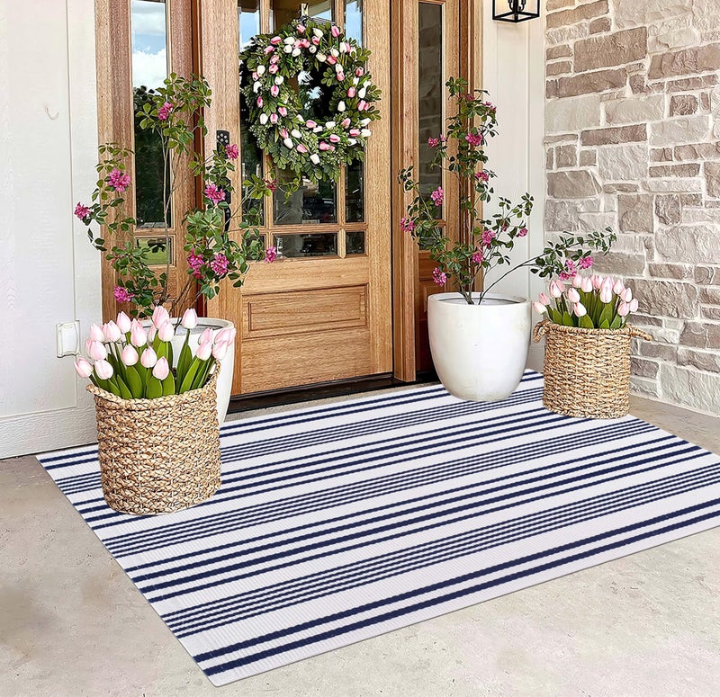 BUAGETUP Blue and White Outdoor Rug 3'x 5' Hand-Woven Cotton Washable Rug Striped Front Porch Rug Indoor/Outdoor Area Rug Floor Mat for Farmhouse/Layered Door Mats/Living Room - Image 1