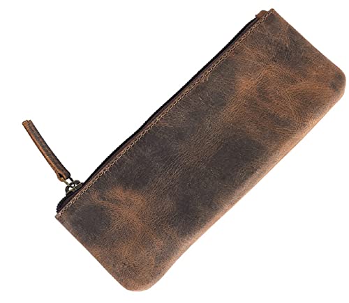 CONTACTS Genuine Leather Small Pouch Multipurpose Utility Bag Zipper Pencil Pouches Holder Aesthetic for Adults Men Women Boys Coin Purse Money I Pen I Key I Tool Jewelry Bag - Hunter Brown - Image 1