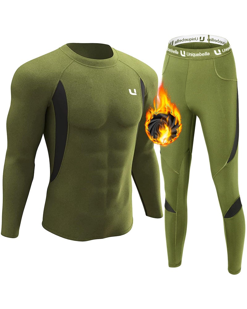 UNIQUEBELLA Men's Thermal Underwear Sets Top & Long Johns Fleece Sweat Quick Drying Thermo Base Layer Green - Image 1