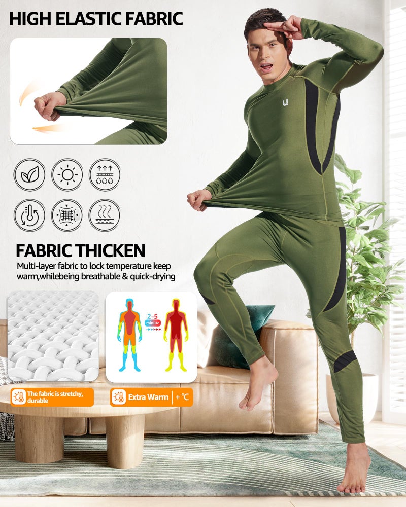 UNIQUEBELLA Men's Thermal Underwear Sets Top & Long Johns Fleece Sweat Quick Drying Thermo Base Layer Green - Image 3