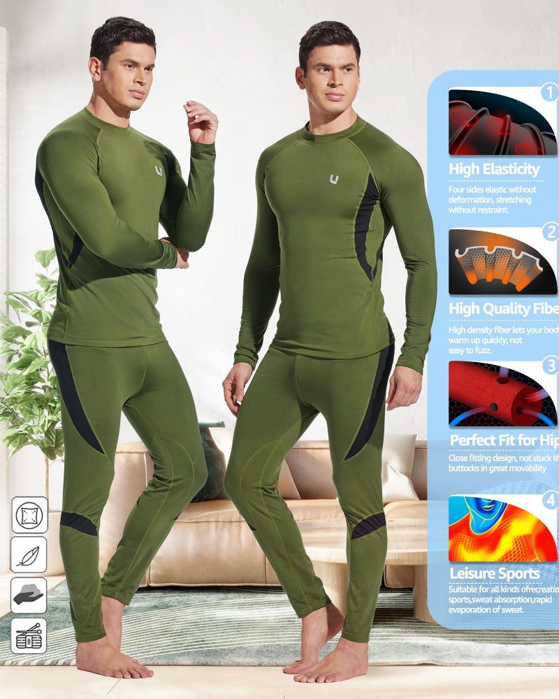 UNIQUEBELLA Men's Thermal Underwear Sets Top & Long Johns Fleece Sweat Quick Drying Thermo Base Layer Green - Image 5