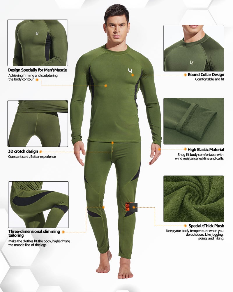 UNIQUEBELLA Men's Thermal Underwear Sets Top & Long Johns Fleece Sweat Quick Drying Thermo Base Layer Green - Image 4