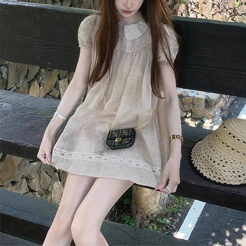 Ramie Peter Pan Collar A-Line Short Dress for Women - Image 3