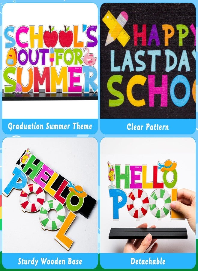 Haooryx Summer End of School Year Wood Centerpieces Decoration - 3Pcs Happy Last Day of School Wood Table Topper Decor Hello Pool Letter Sign for Last Day of School Party Summer Vacation Party Decor - Image 3