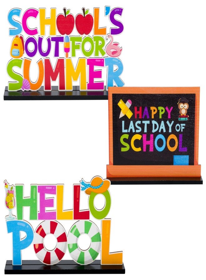 Haooryx Summer End of School Year Wood Centerpieces Decoration - 3Pcs Happy Last Day of School Wood Table Topper Decor Hello Pool Letter Sign for Last Day of School Party Summer Vacation Party Decor - Image 1
