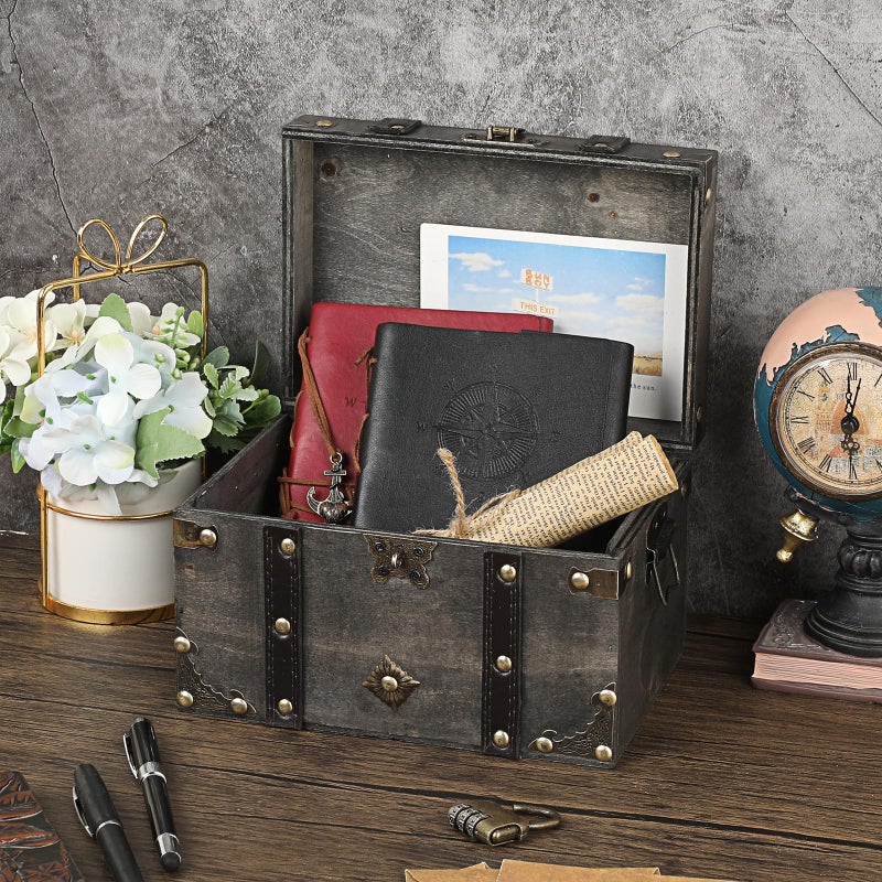 Elldoo Wooden Treasure Chest With Lock  Vintage Pirate Chest Keepsakes Box For Kids Gifts  Handmade Treasure Storage Decorative Box For Jewelry Coins Collectibles  Small - Image 3