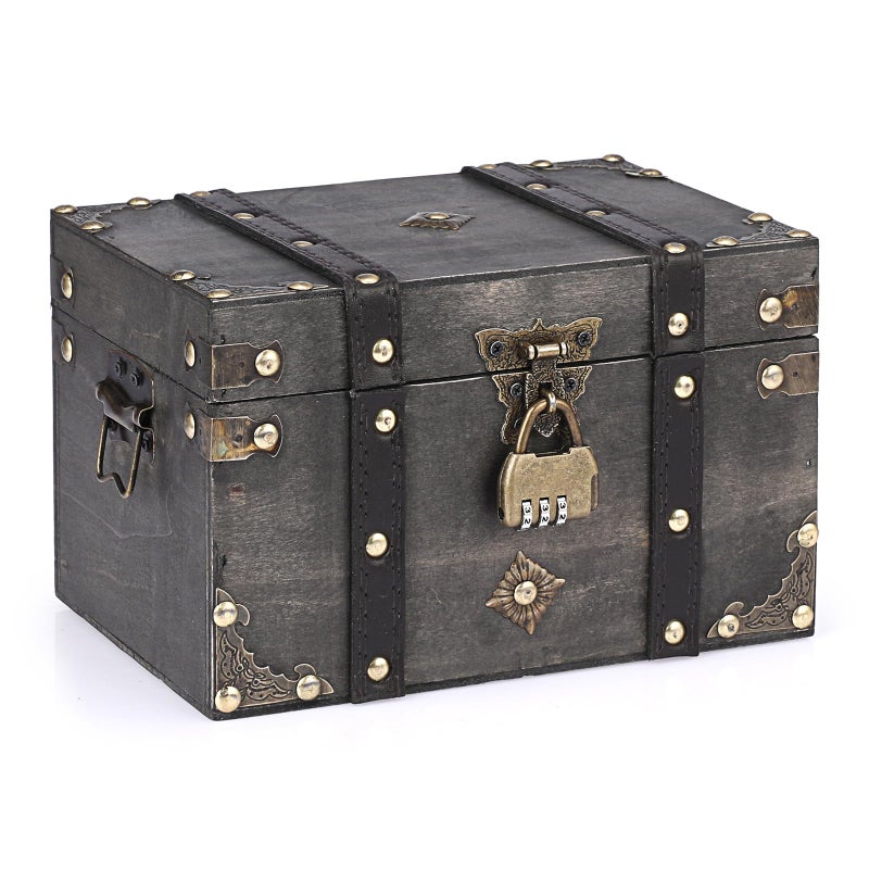 Elldoo Wooden Treasure Chest With Lock  Vintage Pirate Chest Keepsakes Box For Kids Gifts  Handmade Treasure Storage Decorative Box For Jewelry Coins Collectibles  Small - Image 1