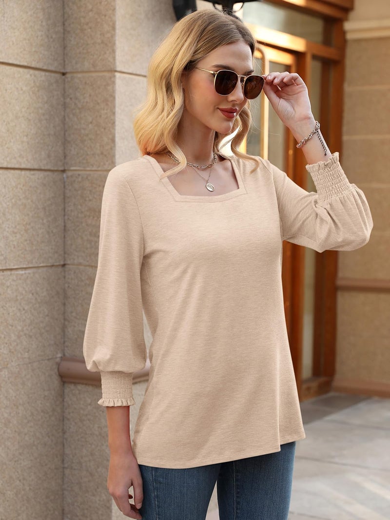 PGANDS Women's 3/4 Sleeve Tops Square Neck Spring Summer Casual Smocked Cuffs Shirts Apricot - Image 3