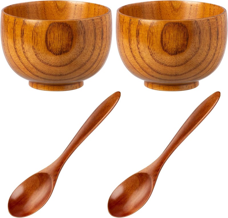NUOMI 2 Sets Wooden Bowls for Food Small Wood Bowls with Wood Spoons for Dessert Snacks Soup Tableware Set - Image 1