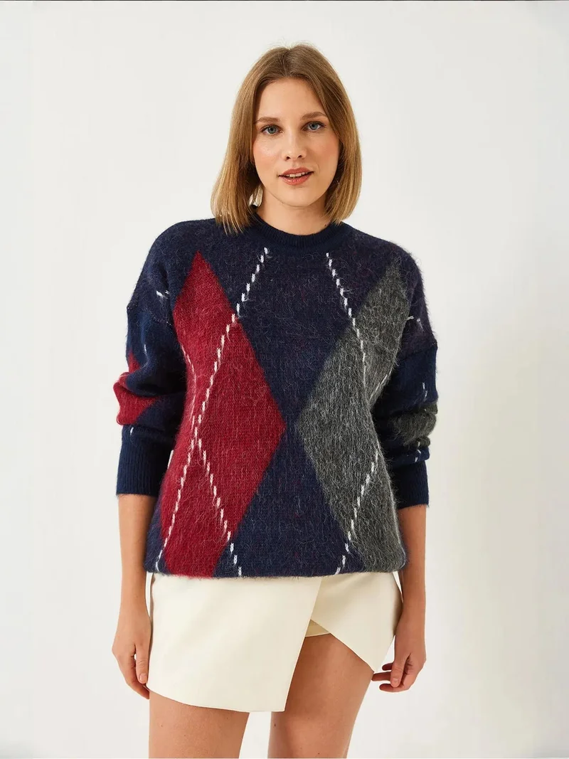 Bianco Lucci Midnight Blue LUCCI Oversized Diamond Printed Sweater for Women | Best Price UAE